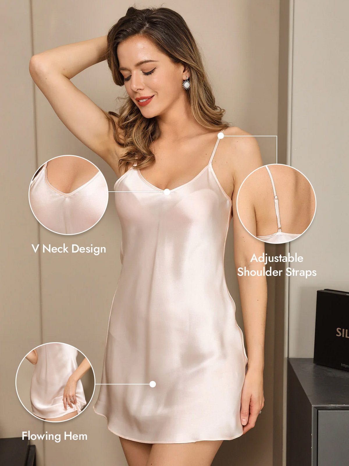 [Light Pink] SilkSilky  Pure Silk V Neck Nightgown 005
