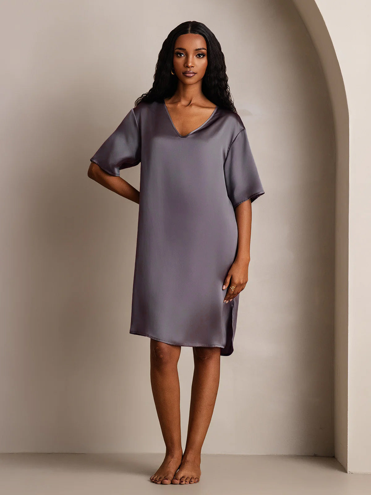 [Purple Gray] SilkSilky  Pure Silk V Neck Nightgown 008,