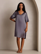[Purple Gray] SilkSilky  Half Sleeve V Neck Nightgown 008