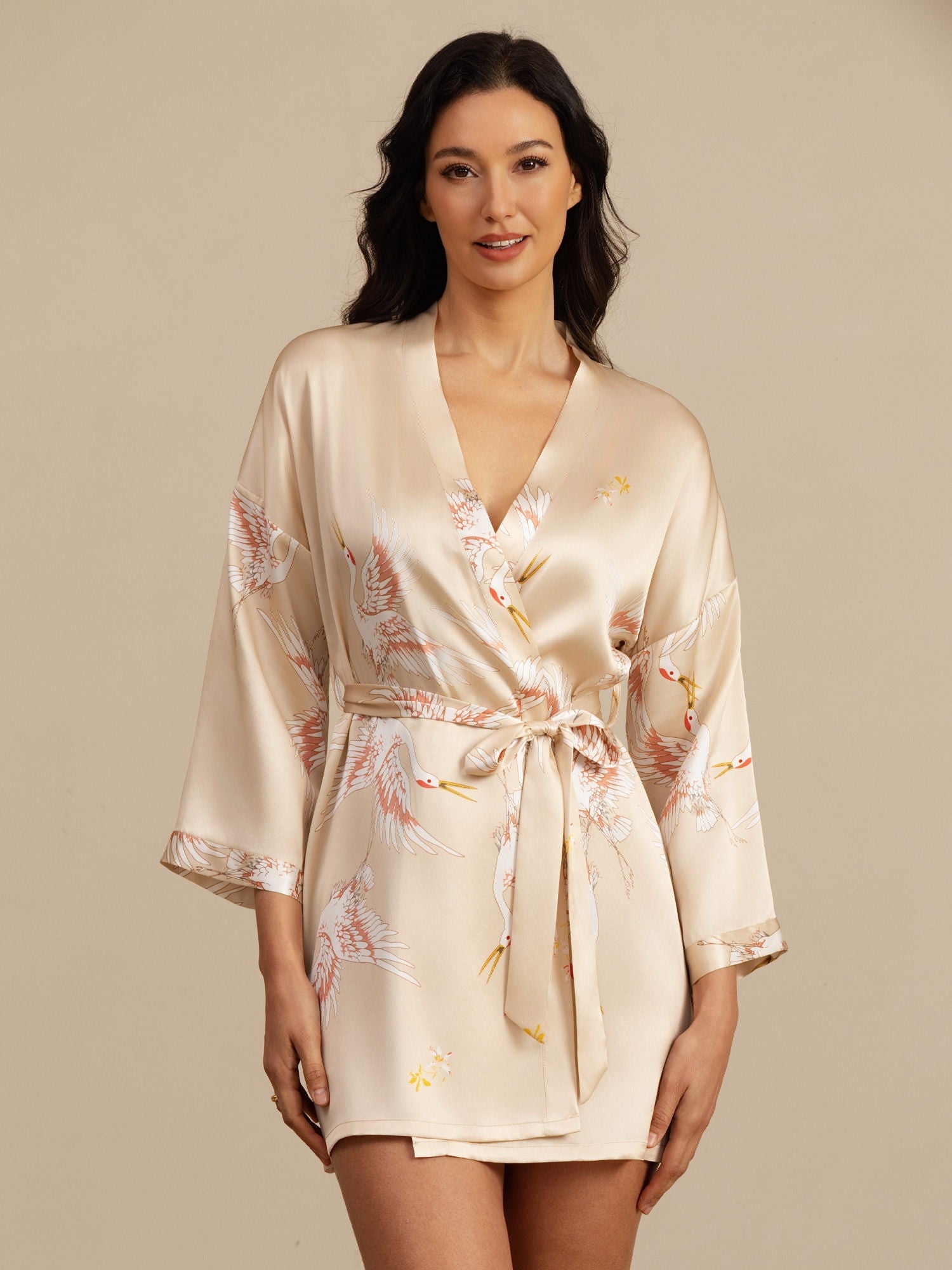 [Champagne] SilkSilky  3/4 Sleeve Deep V Neck Women's Robe 006