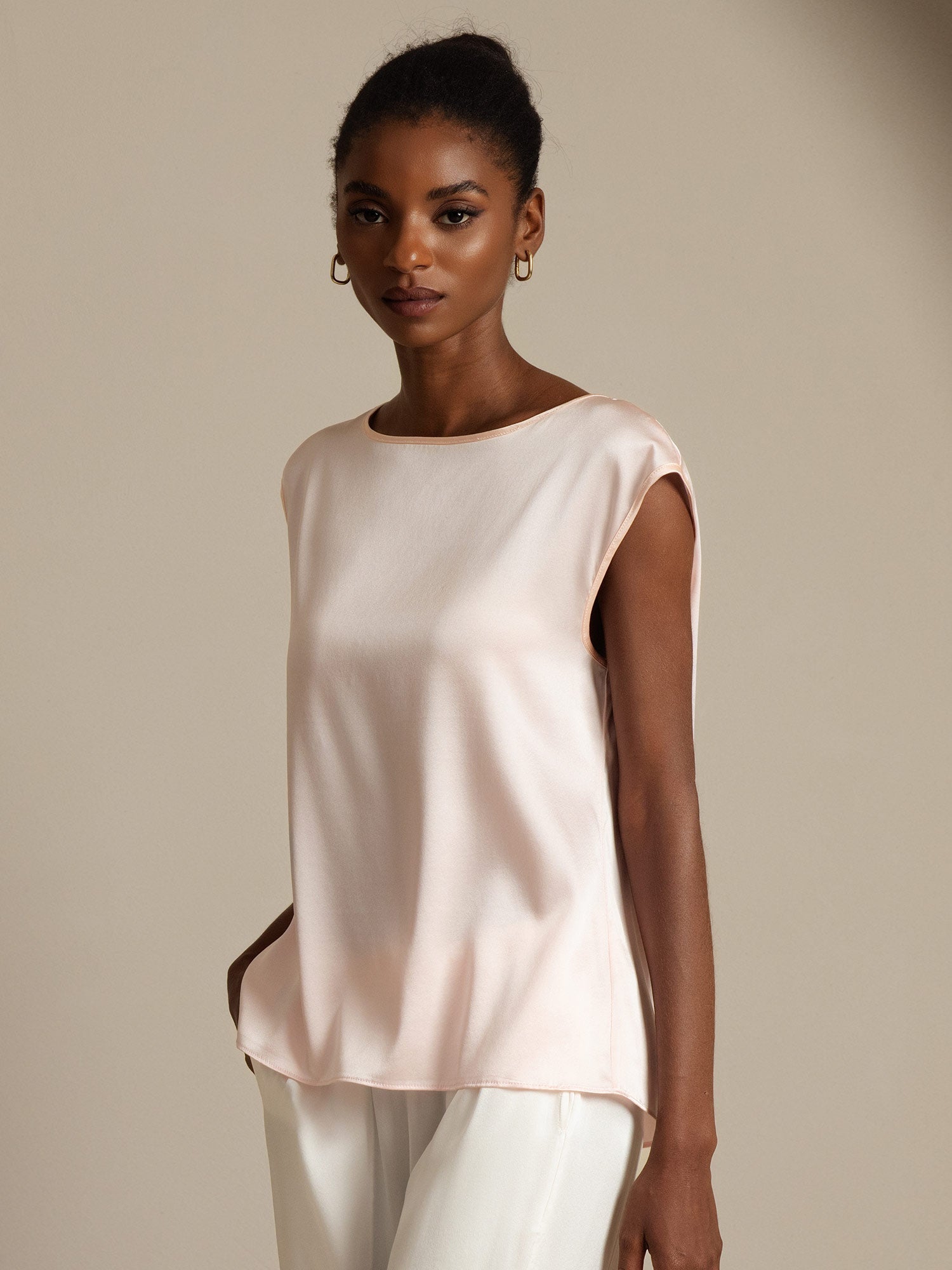 [Pink] SilkSilky  19Momme Silk Round Neck Women's T-Shirt 003,