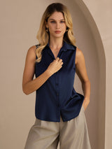 [Dark Blue] SilkSilky  Sleeveless Lapel Collar Women's Shirt 005