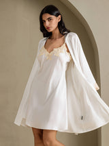[White] SilkSilky  3/4 Sleeve V Neck Nightgown&Robe Set 003
