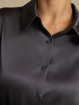 [Dark Gray] SilkSilky  19Momme Stretch Silk Charmeuse Long Sleeve Lapel Collar Women's Shirt 006