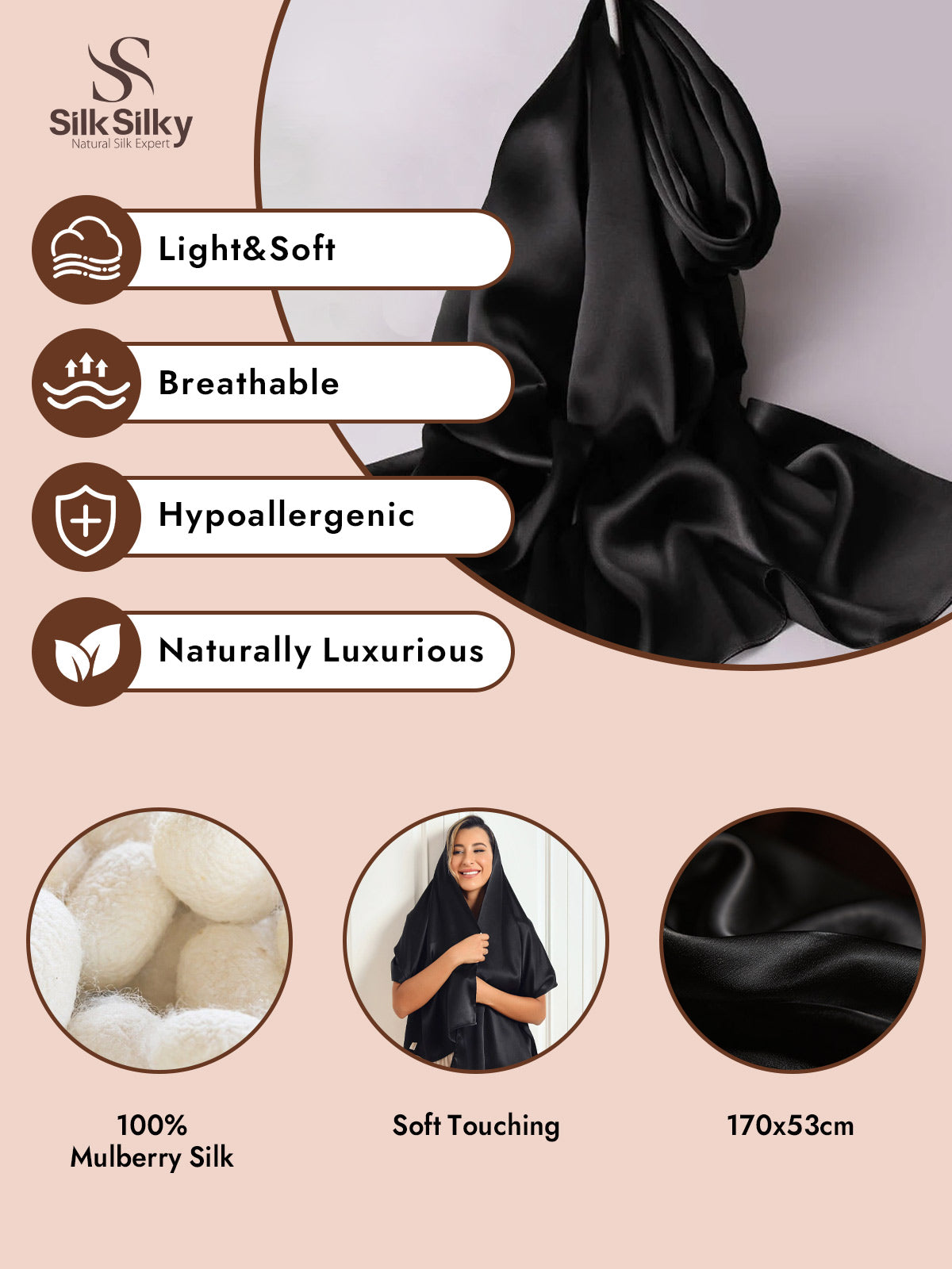 Pure Silk Long Scarf/Shawl 170x53cm/67 – SILKSILKY