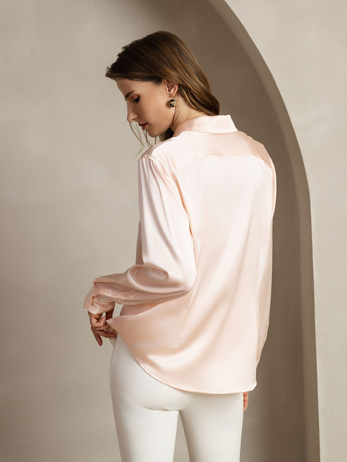 [Light Pink] SilkSilky  Silk Long Sleeve Lapel Collar Women's Shirt 002