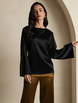 [Black] SilkSilky  19Momme Stretch Silk Charmeuse Long Sleeve Boat Neck Blouse 001
