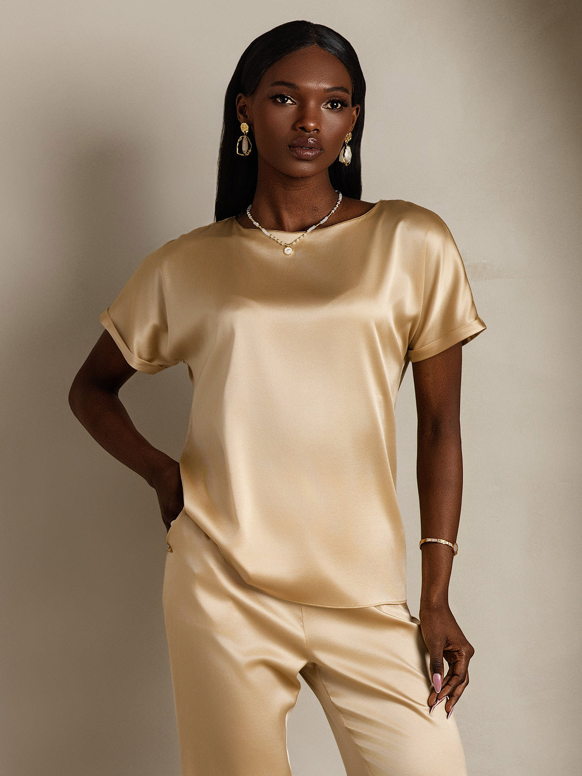 [Champagne] SilkSilky  19Momme Silk Round Neck Women's T-Shirt 003,