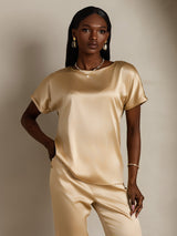 [Champagne] SilkSilky  19Momme Stretch Silk Charmeuse Short Sleeve Boat Neck Women's T-Shirt 003