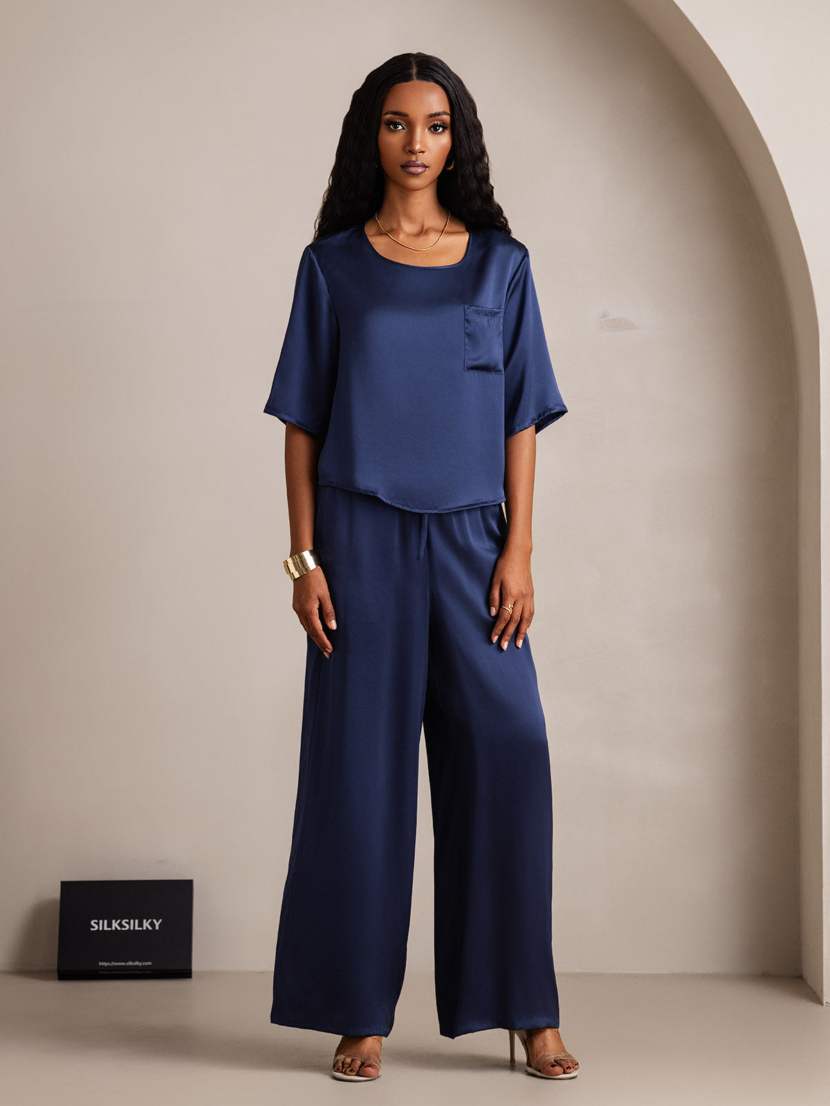 [Dark Blue] SilkSilky  Half Sleeve Round Neck Women's Pajamas 005