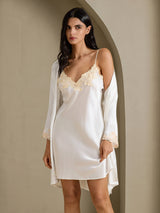 [White] SilkSilky  3/4 Sleeve V Neck Nightgown&Robe Set 006