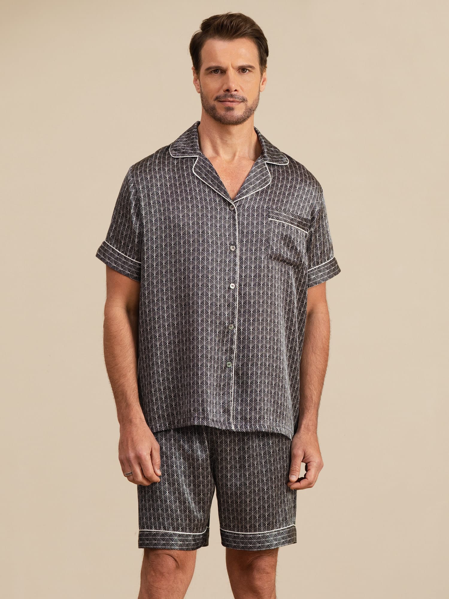 [Black Ginkgo] SilkSilky  Short Sleeve Notch Collar Men's Pajamas 005