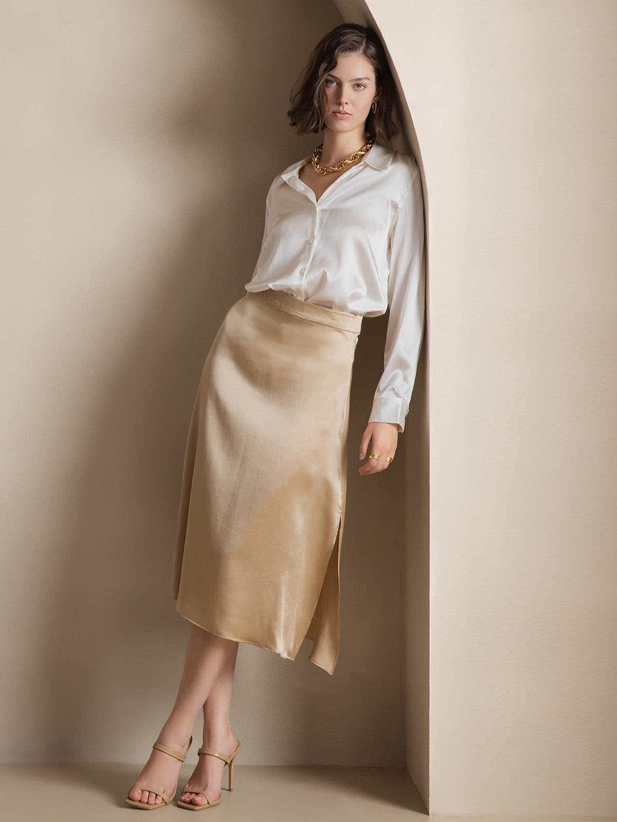 [White] SilkSilky  Silk Long Sleeve Lapel Collar Women's Shirt 005