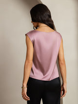 [Pale Mauve] SilkSilky  19Momme Stretch Silk Charmeuse Cap Sleeve Cowl Neck Women's T-Shirt 002