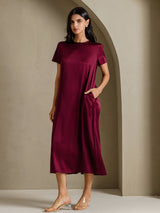 [Dark Red] SilkSilky  Short Sleeve Crew Neck Dress 001