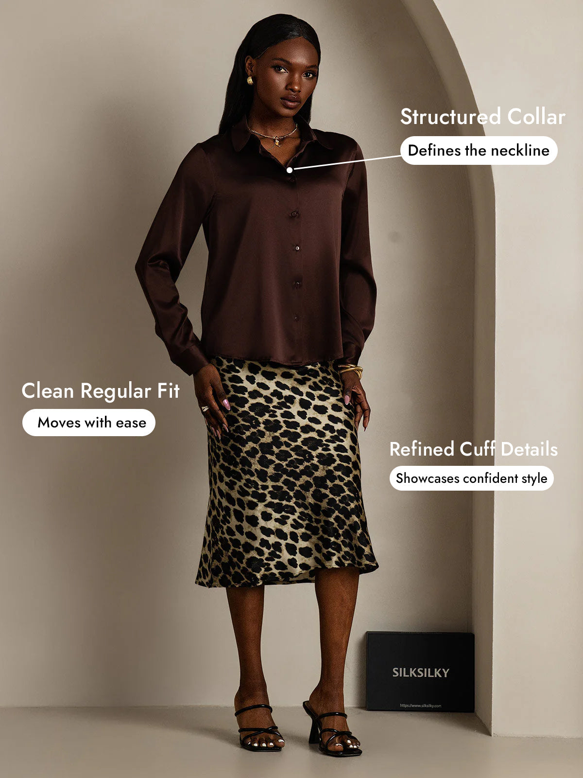 [Bitter Chocolate] SilkSilky  Silk Long Sleeve Lapel Collar Women's Shirt 005