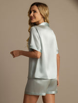 [Light Blue] SilkSilky  Pure Silk Notch Collar Women's Pajamas 002,