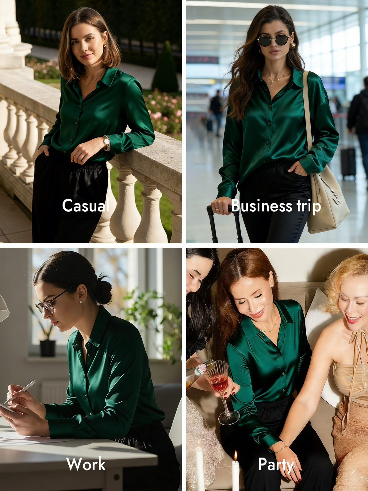 [Dark Green] SilkSilky  Silk Long Sleeve Lapel Collar Women's Shirt 008