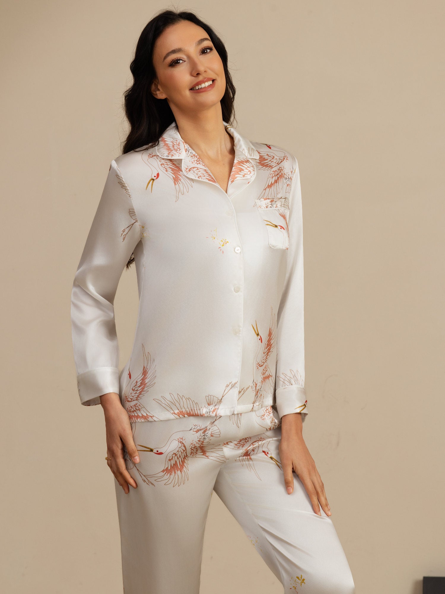[White] SilkSilky  19Momme Long Sleeve Notch Collar Women's Pajamas 004