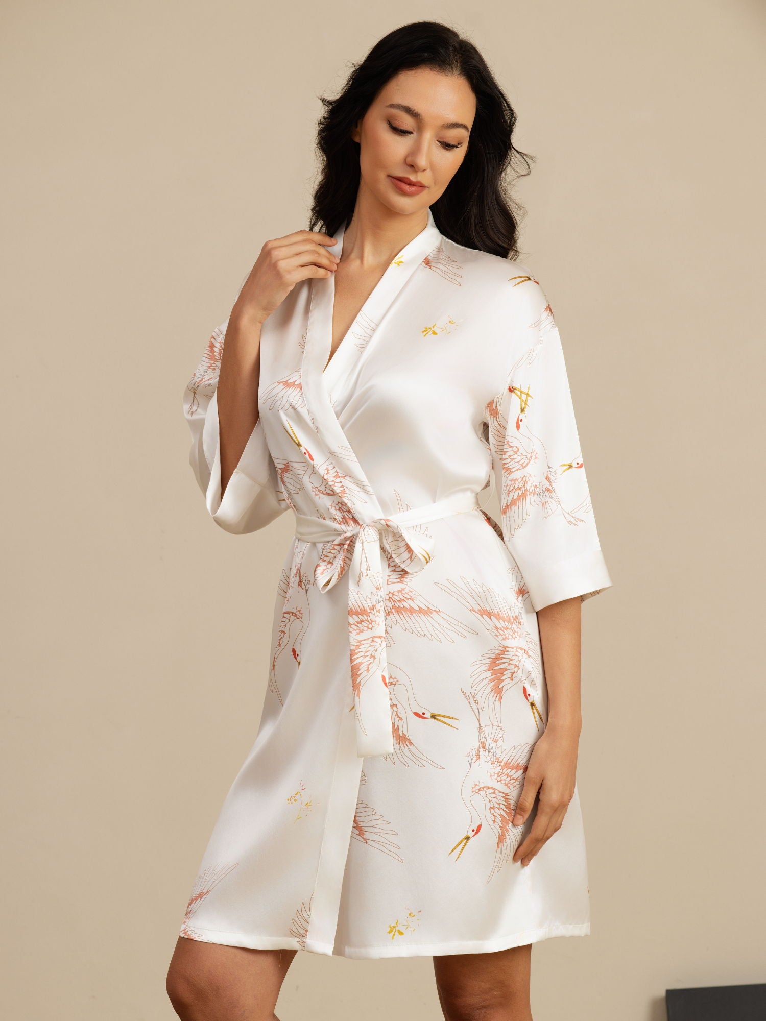 [White] SilkSilky  19Momme 3/4 Sleeve Women's Robe 003
