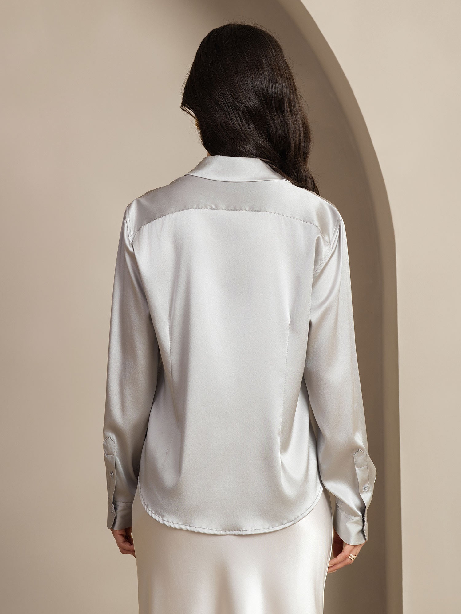 [Light Gray] SilkSilky  Silk Long Sleeve Lapel Collar Women's Shirt 003