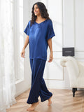 SilkSilky US Pure Silk Short Sleeve V Neck Women's Pajamas DarkBlue 005