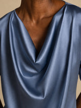 [Real Teal] SilkSilky  Short Sleeve Cowl Neck Women's Blouse 003