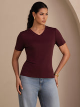 [Wine] SilkSilky  Short Sleeve V Neck Women's T-Shirt 001