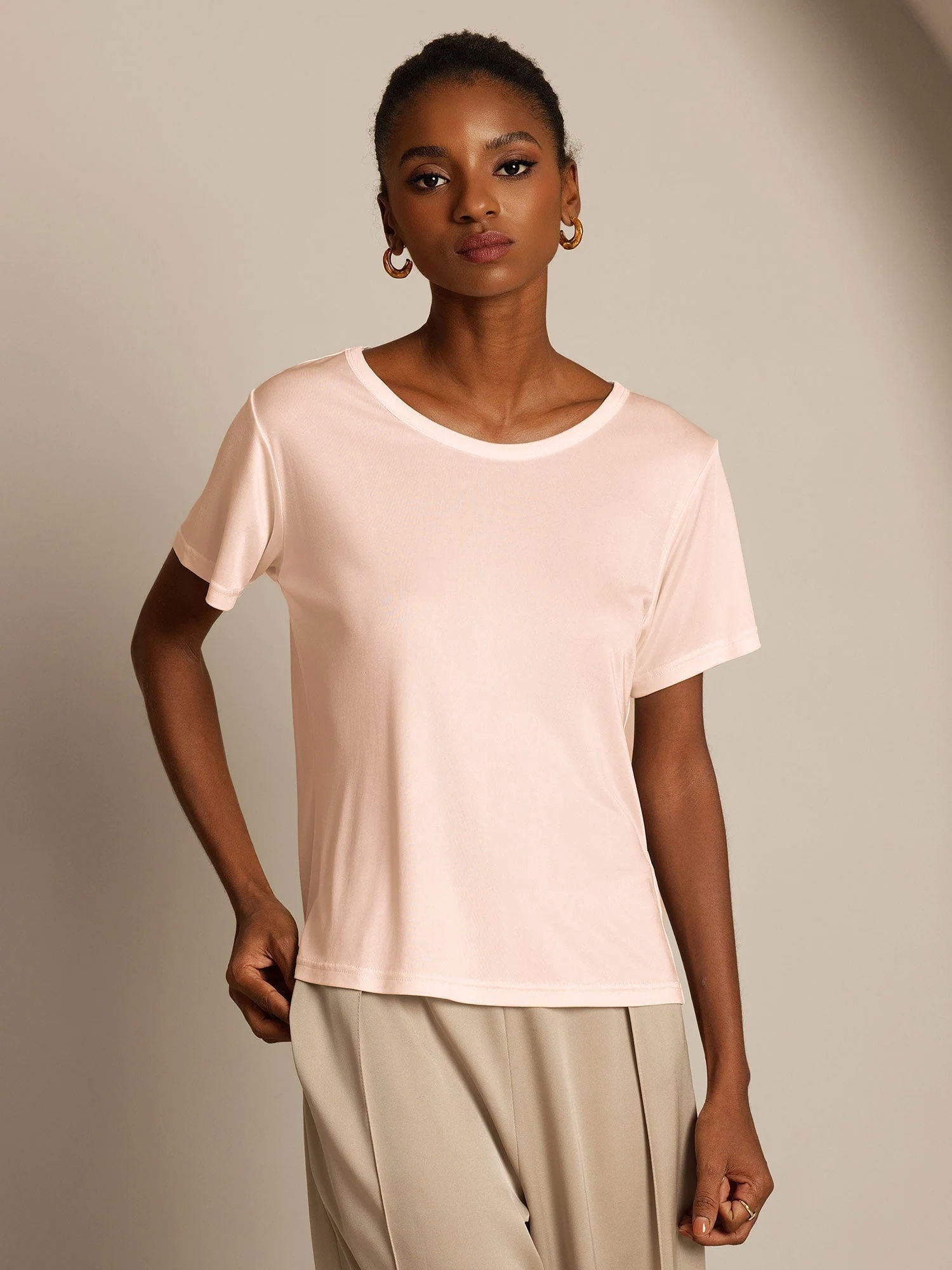 [Light Pink] SilkSilky  Short Sleeve Round Neck Women's T-Shirt 001