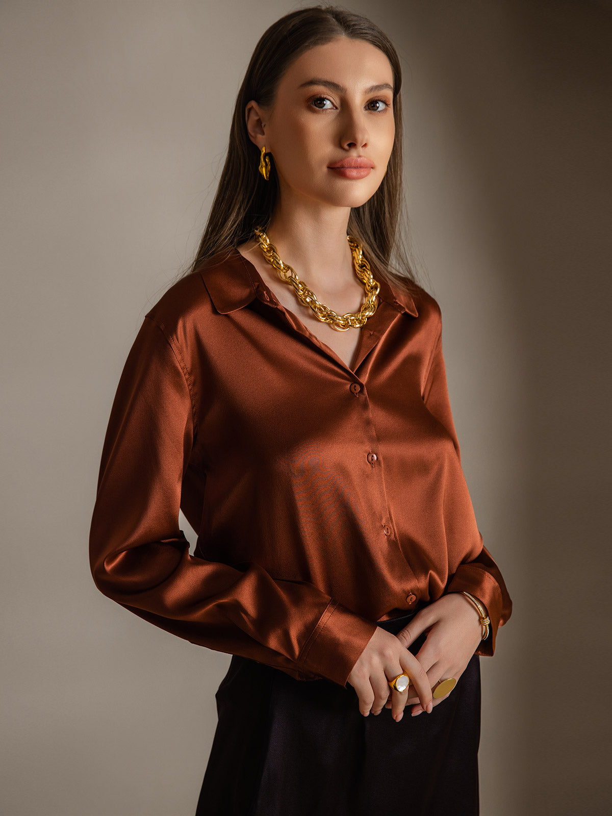 [Caramel] SilkSilky  Silk Long Sleeve Lapel Collar Women's Shirt 004