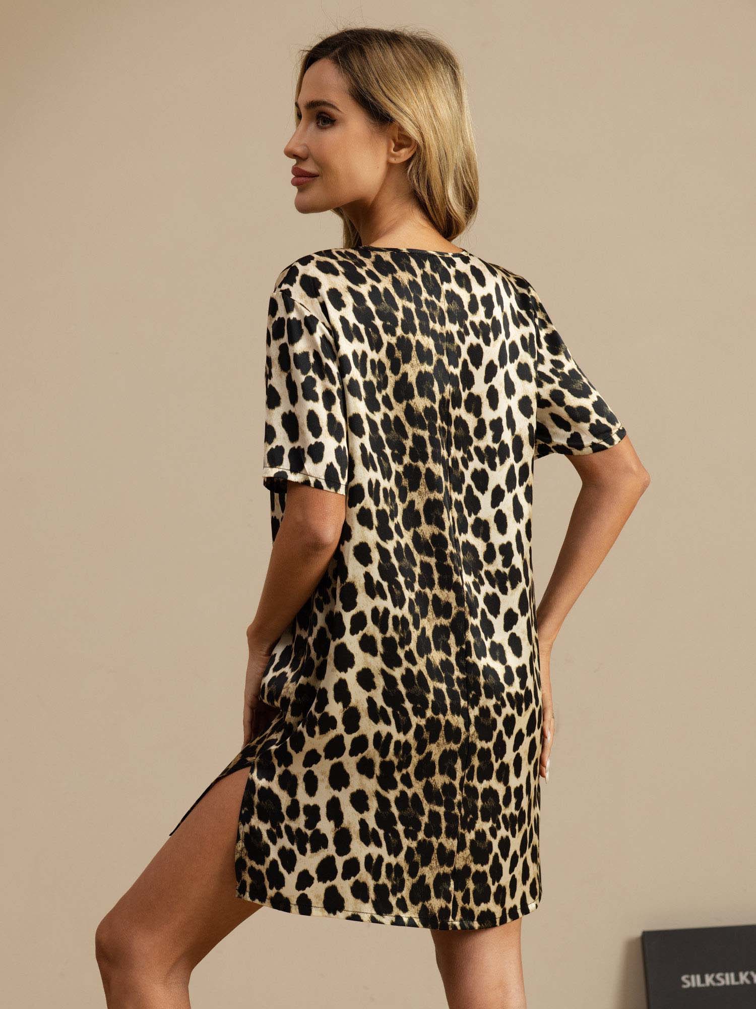 SilkSilky 100% Mulberry Silk Half Sleeve V-neck Leopard Printed Short Nightgown with Split Design, Leopard / S(6)