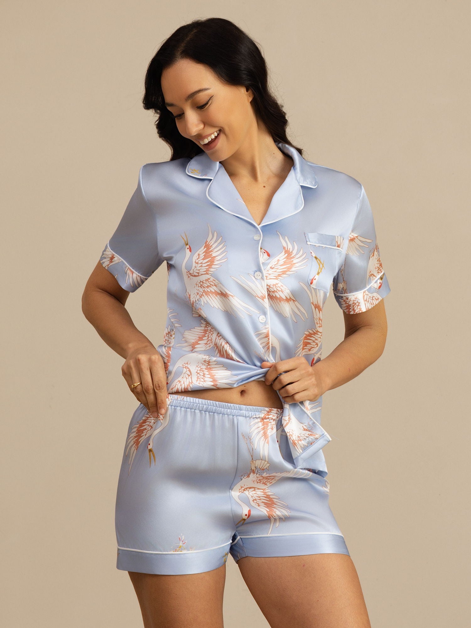 [Light Blue] SilkSilky  19Momme Short Sleeve Notch Collar Women's Pajamas 004