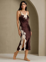 [Coffee] SilkSilky  Spaghetti Strap V Neck Nightgown 007