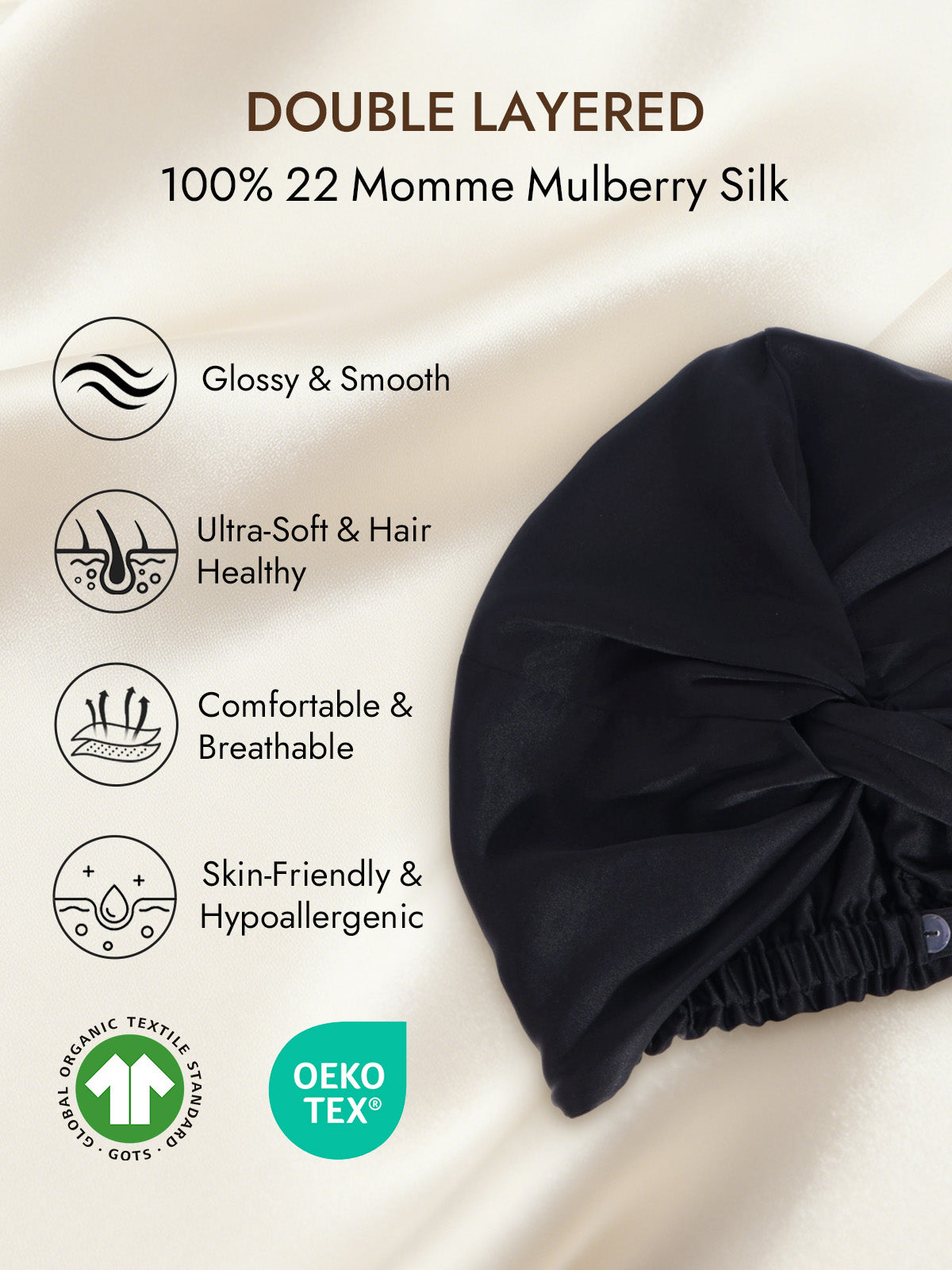 [Black] SilkSilky  22Momme Pure Silk Sleep Cap 002