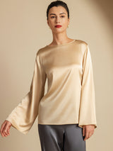 [Champagne] SilkSilky  19Momme Stretch Silk Charmeuse Long Sleeve Boat Neck Blouse 001