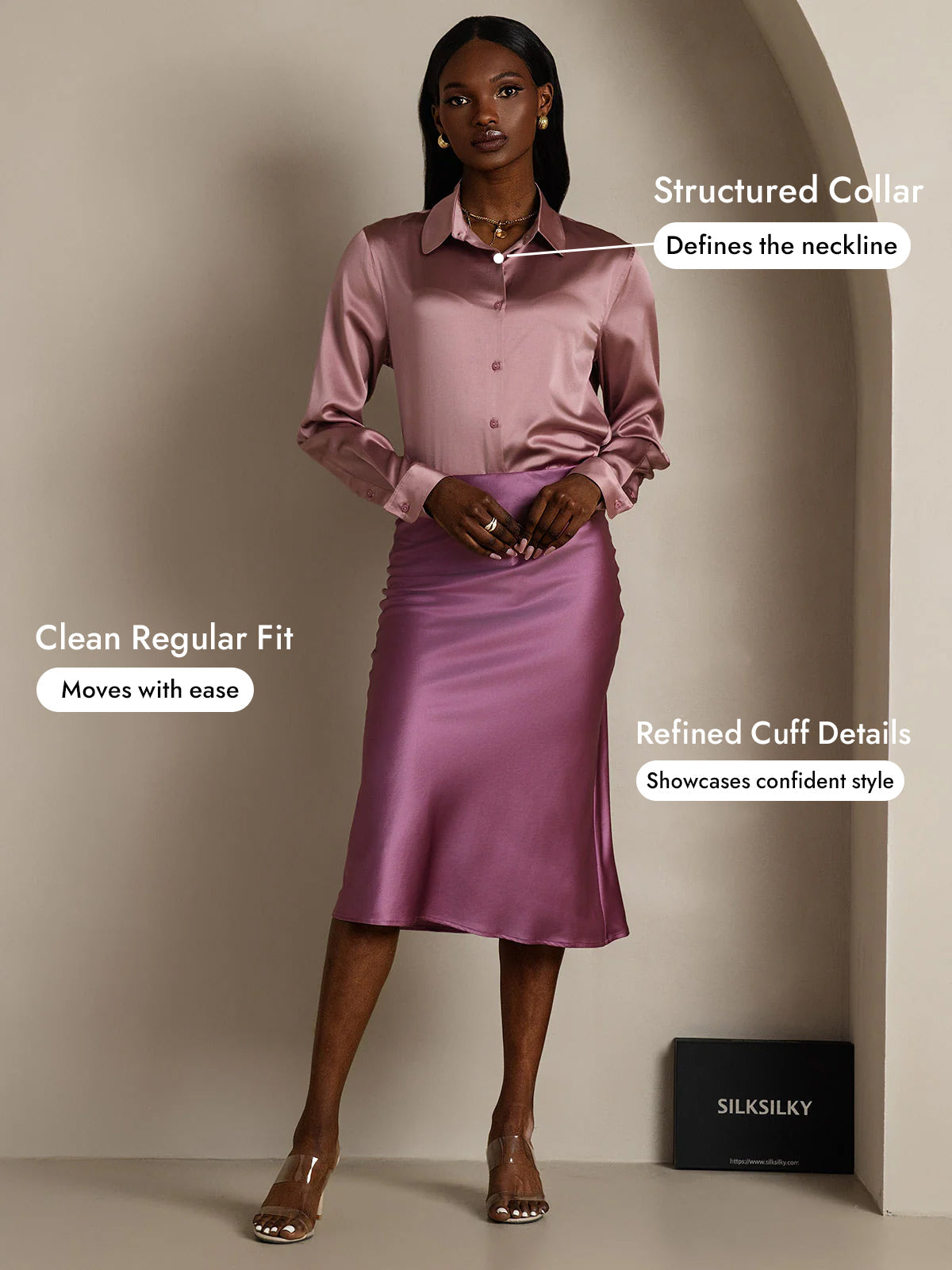 [Pale Mauve] SilkSilky  Silk Long Sleeve Lapel Collar Women's Shirt 004