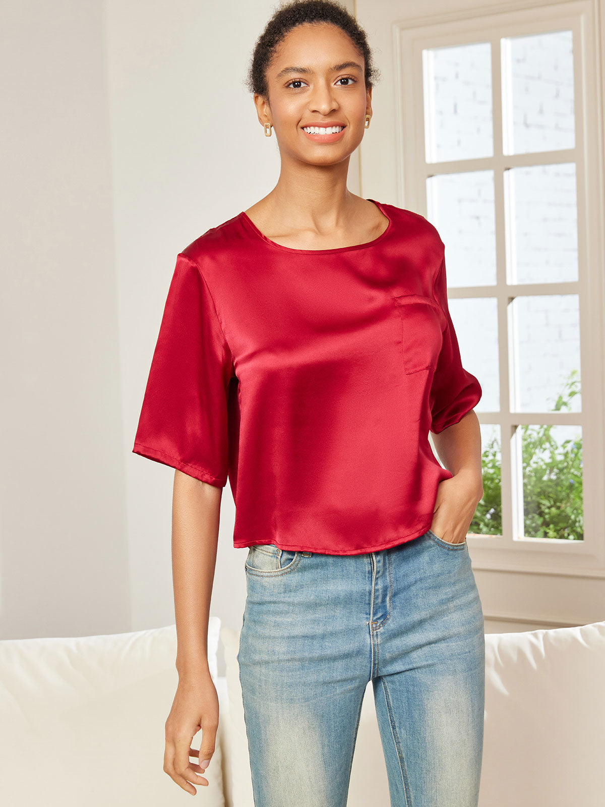 SilkSilky US Pure Silk Half Sleeve Boat Neck Women's T Shirt DarkRed 004