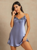 [Steel Blue] SilkSilky  Spaghetti Strap V Neck Nightgown 001