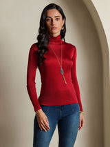 [Wine] SilkSilky  Silk Jersey Long Sleeve Turtle Neck Women's T-Shirt 003