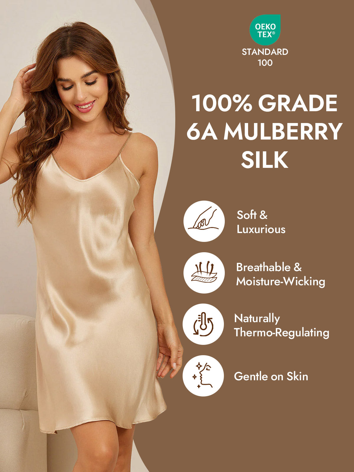 [Champagne] SilkSilky  Pure Silk V Neck Nightgown 004