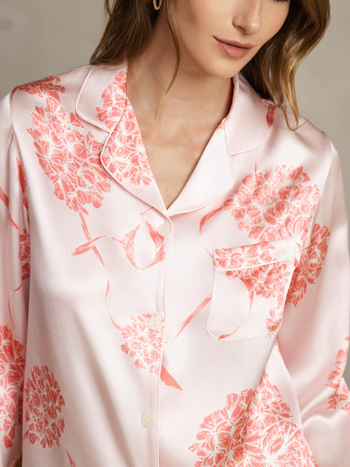 [Coral Floral] SilkSilky  Pure Silk Womens Pajamas 005