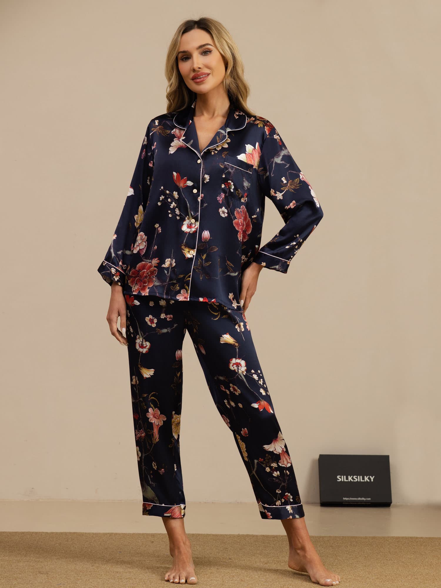 [Navy Floral] SilkSilky  Long Sleeve Notch Collar Women's Pajamas 001
