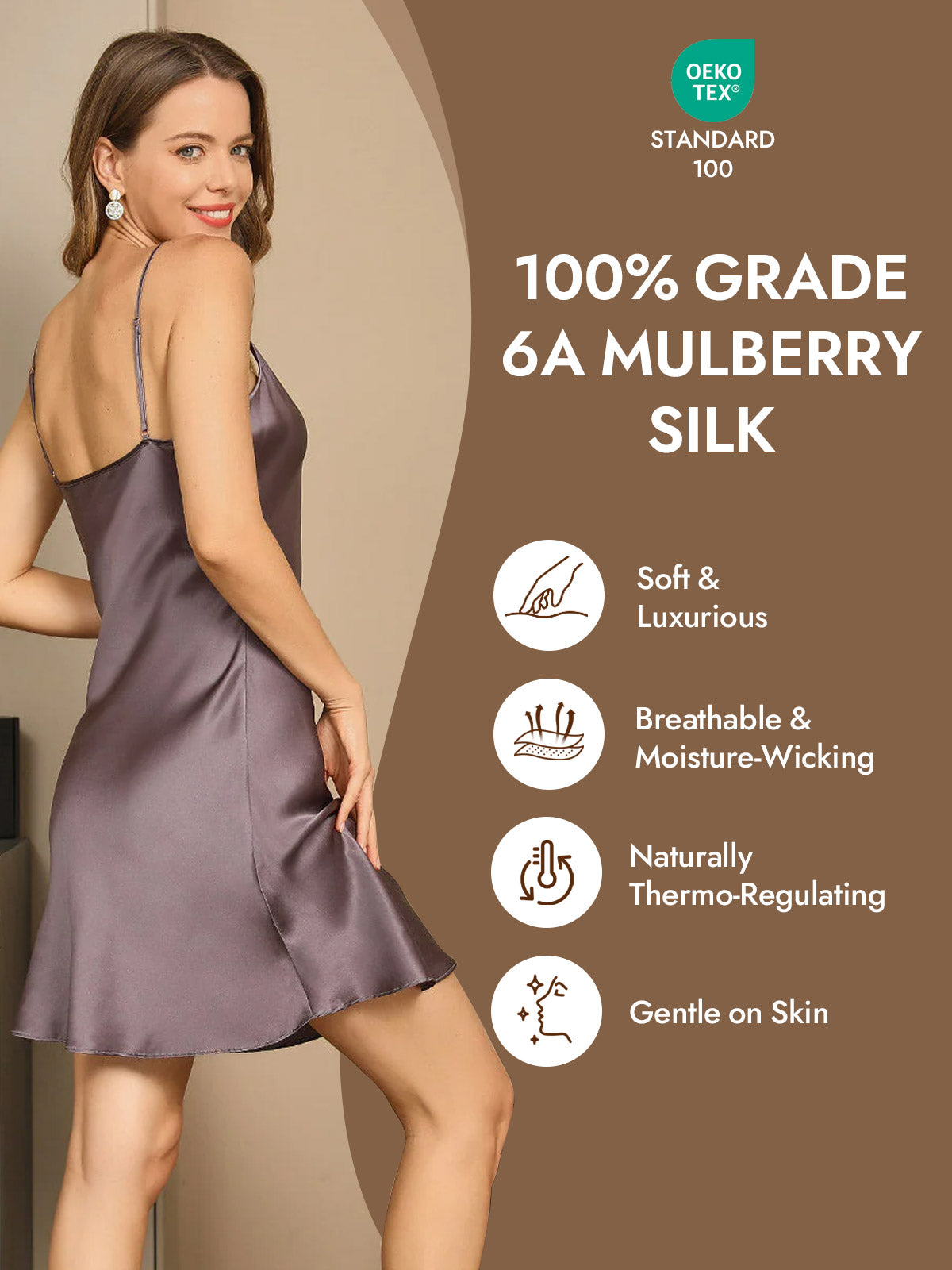 [Purple Gray] SilkSilky  Pure Silk V Neck Nightgown 004