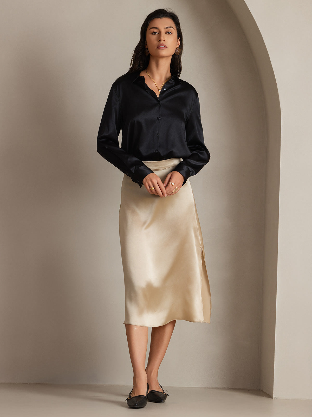 [Black] SilkSilky  Silk Long Sleeve Lapel Collar Women's Shirt 004