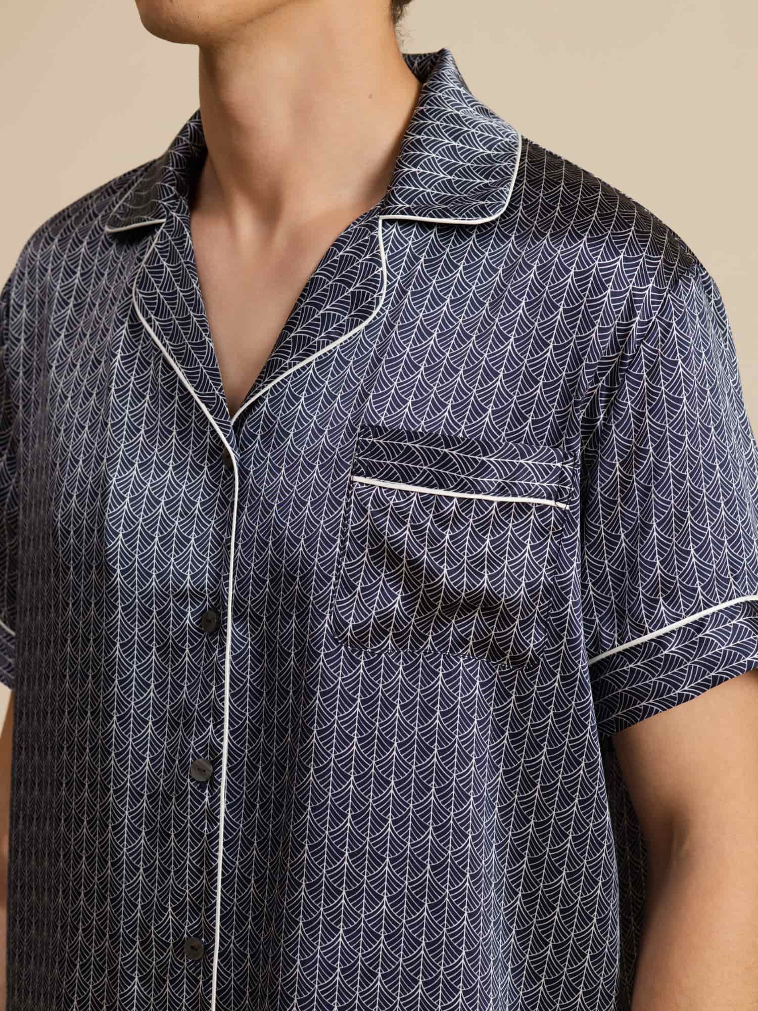 [Navy Ginkgo] SilkSilky  Short Sleeve Notch Collar Men's Pajamas 006