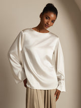 [White] SilkSilky  19Momme Stretch Silk Charmeuse Long Sleeve Boat Neck Blouse 001