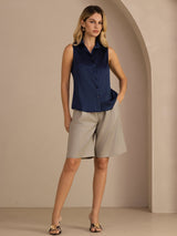 [Dark Blue] SilkSilky  Sleeveless Lapel Collar Women's Shirt 007