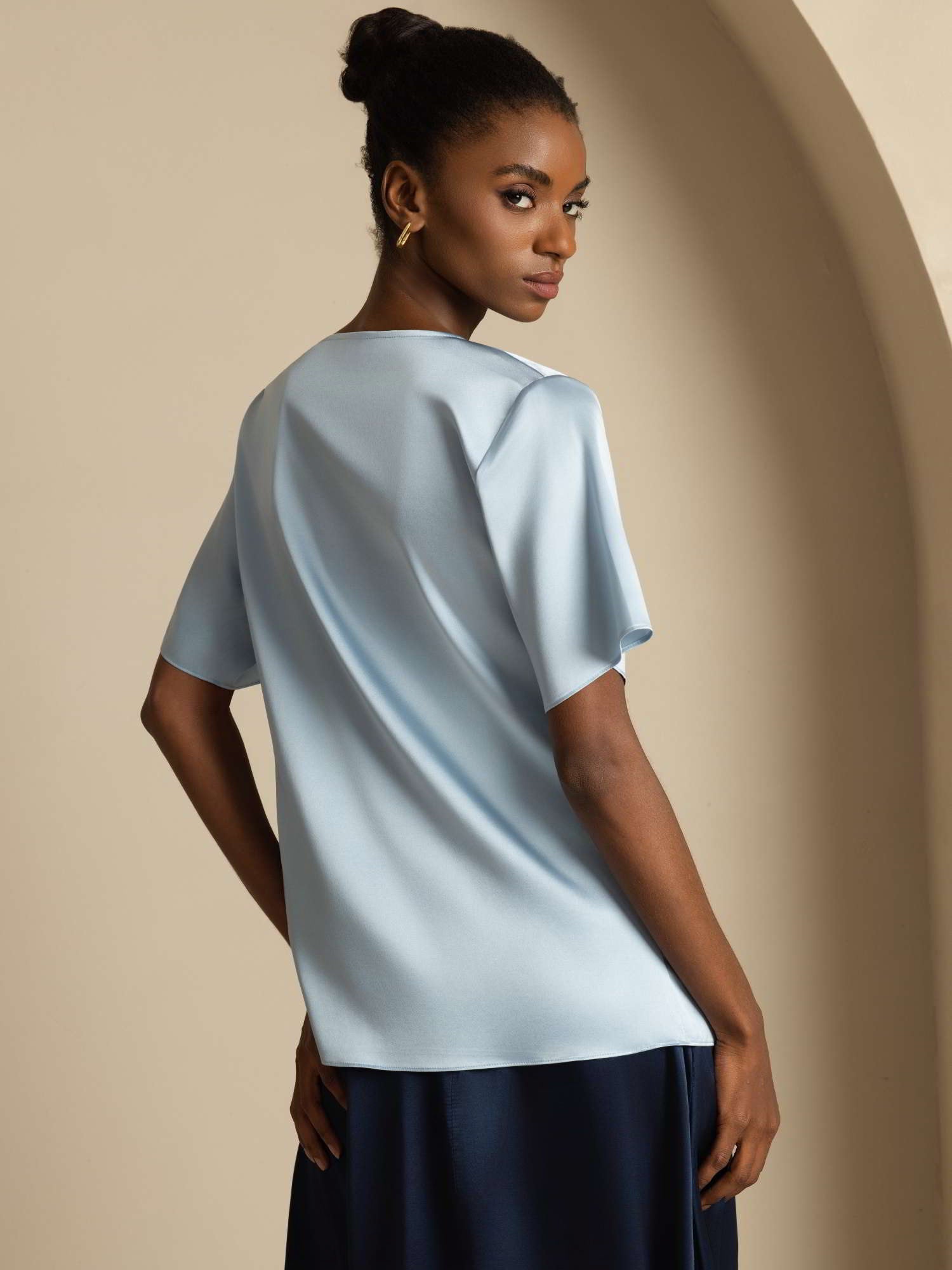 [Grayish Blue] SilkSilky  19Momme Silk Short Sleeve Cowl Neck Blouse 002