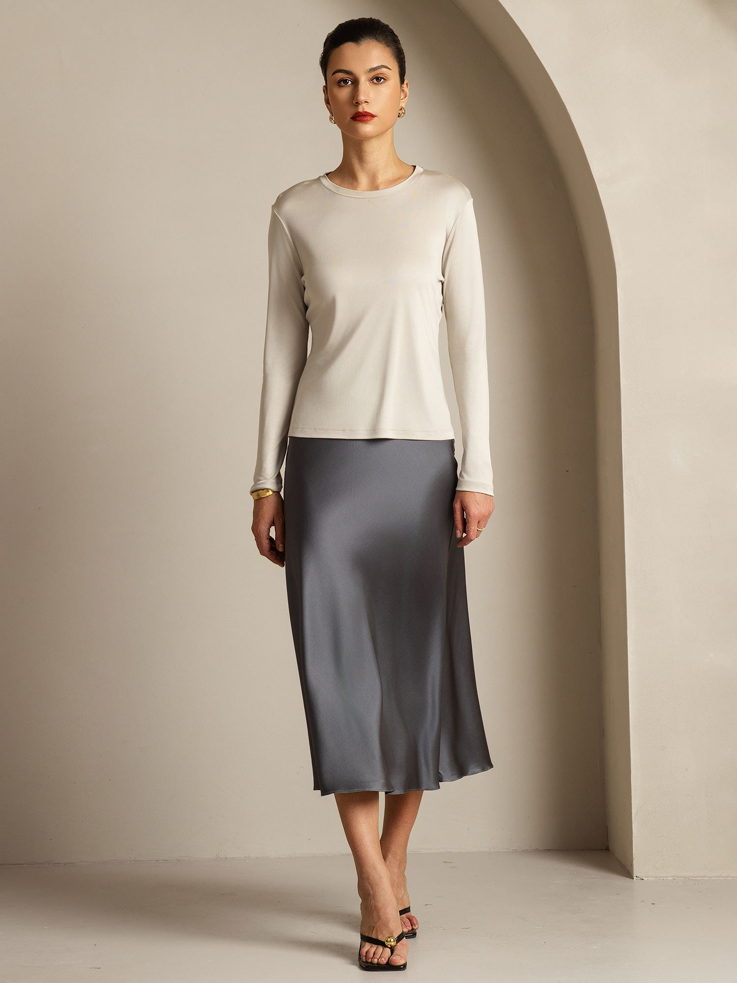 [Gray] SilkSilky  Pure Silk Womens T-Shirt 007,