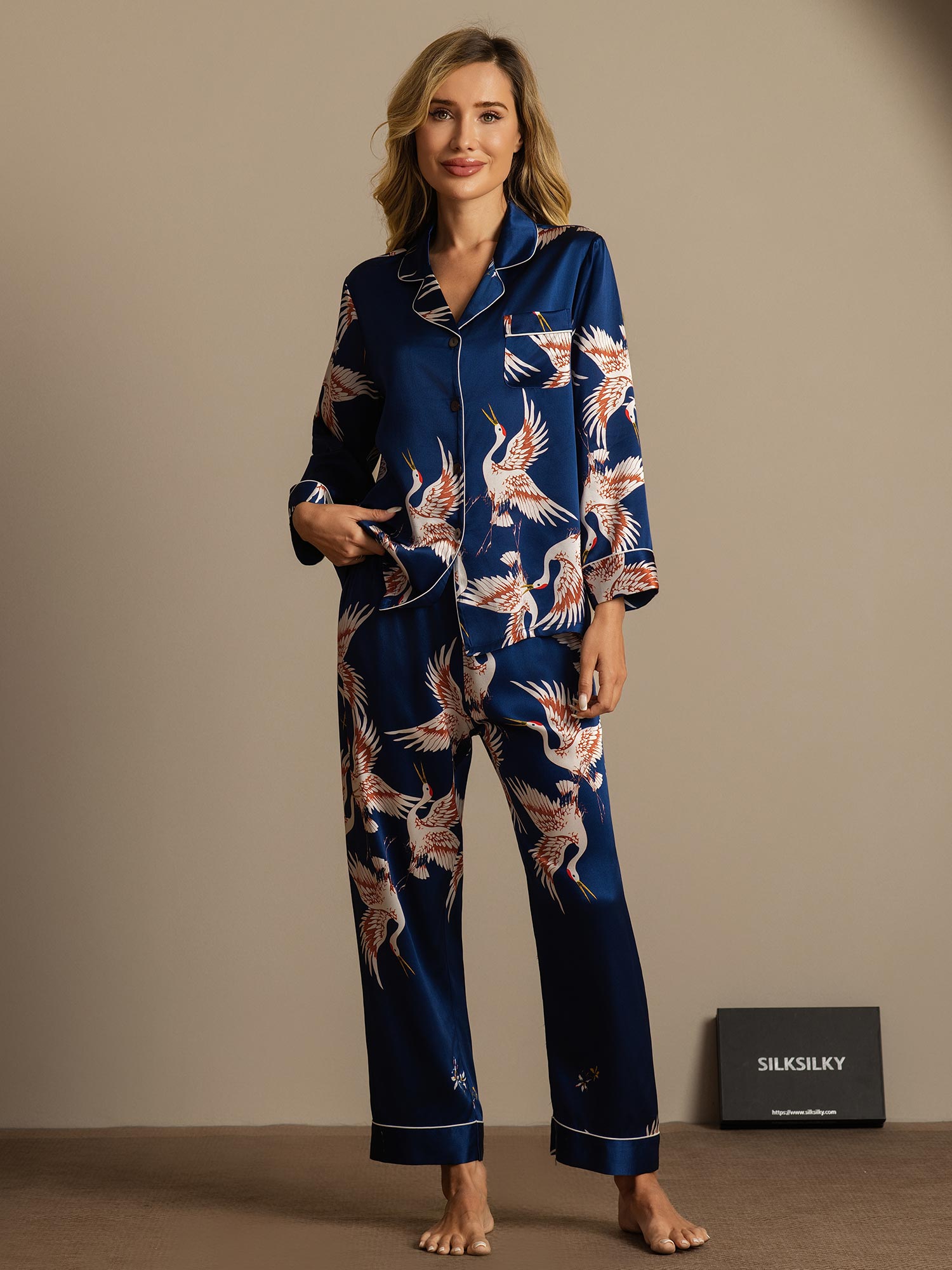 [Dark Blue] SilkSilky  19Momme Pure Silk Notch Collar Women's Pajamas 007,